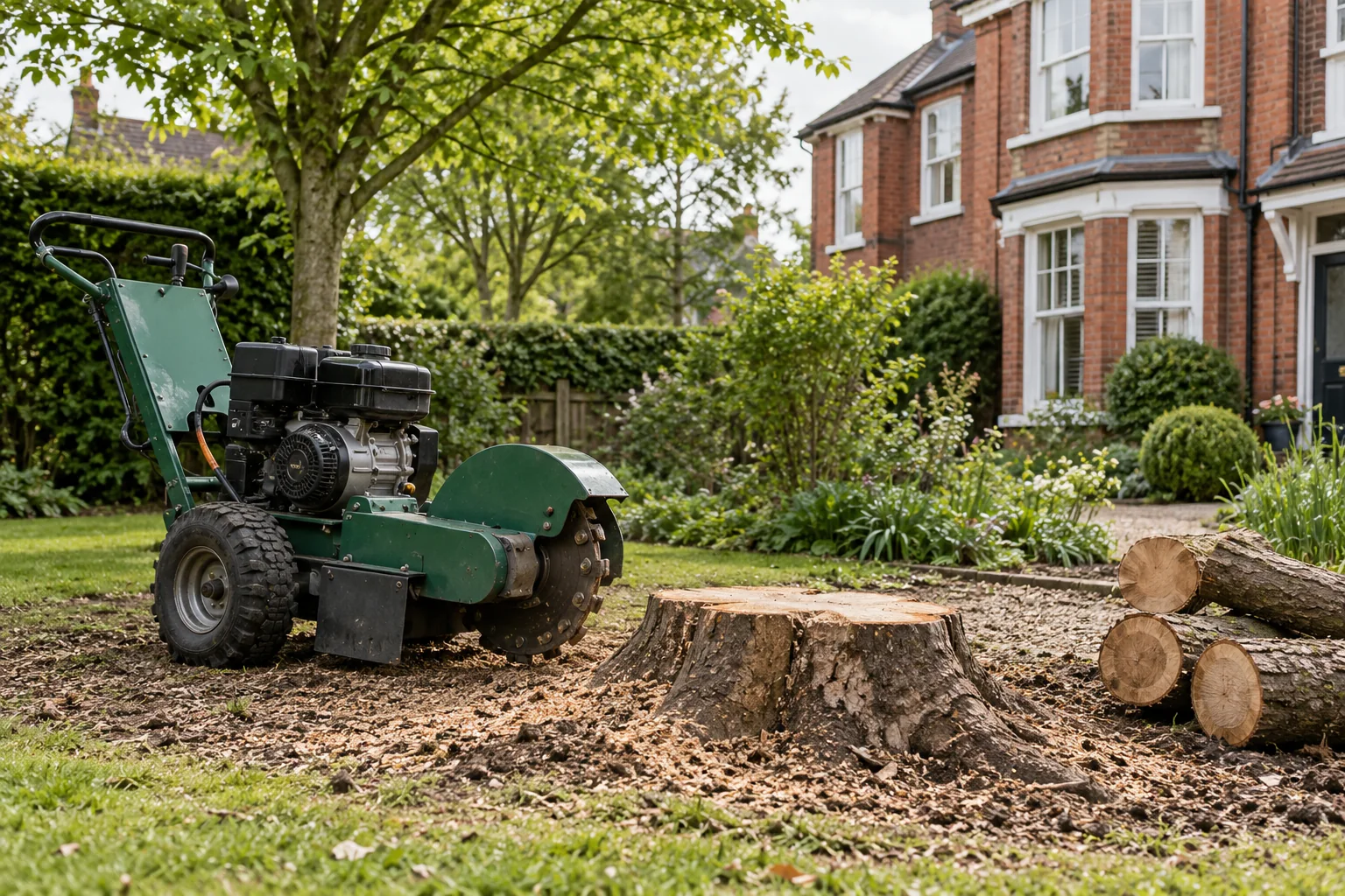 Stationary stump grinder beside a garden stump