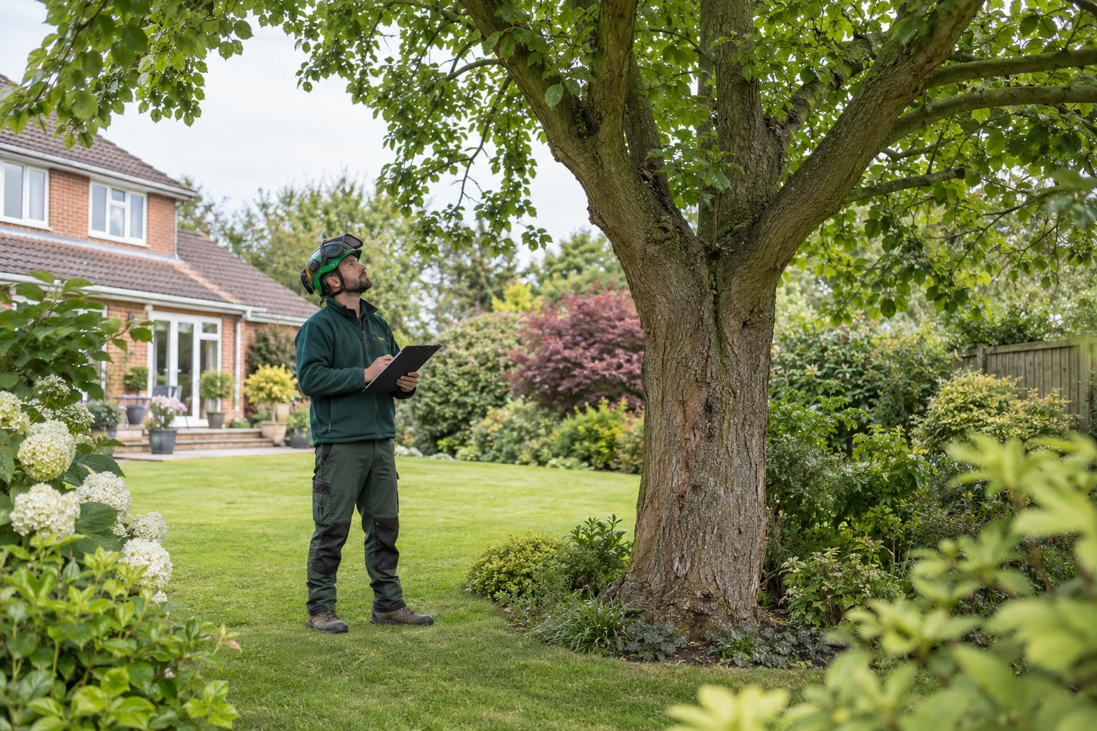 Arborist assessing a mature tree from ground level