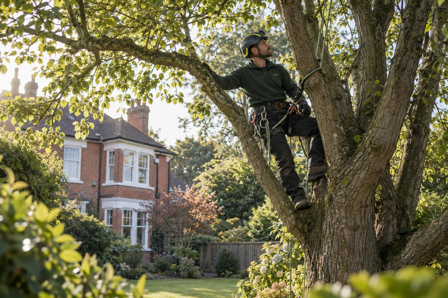 Roped arborist inspecting branching structure