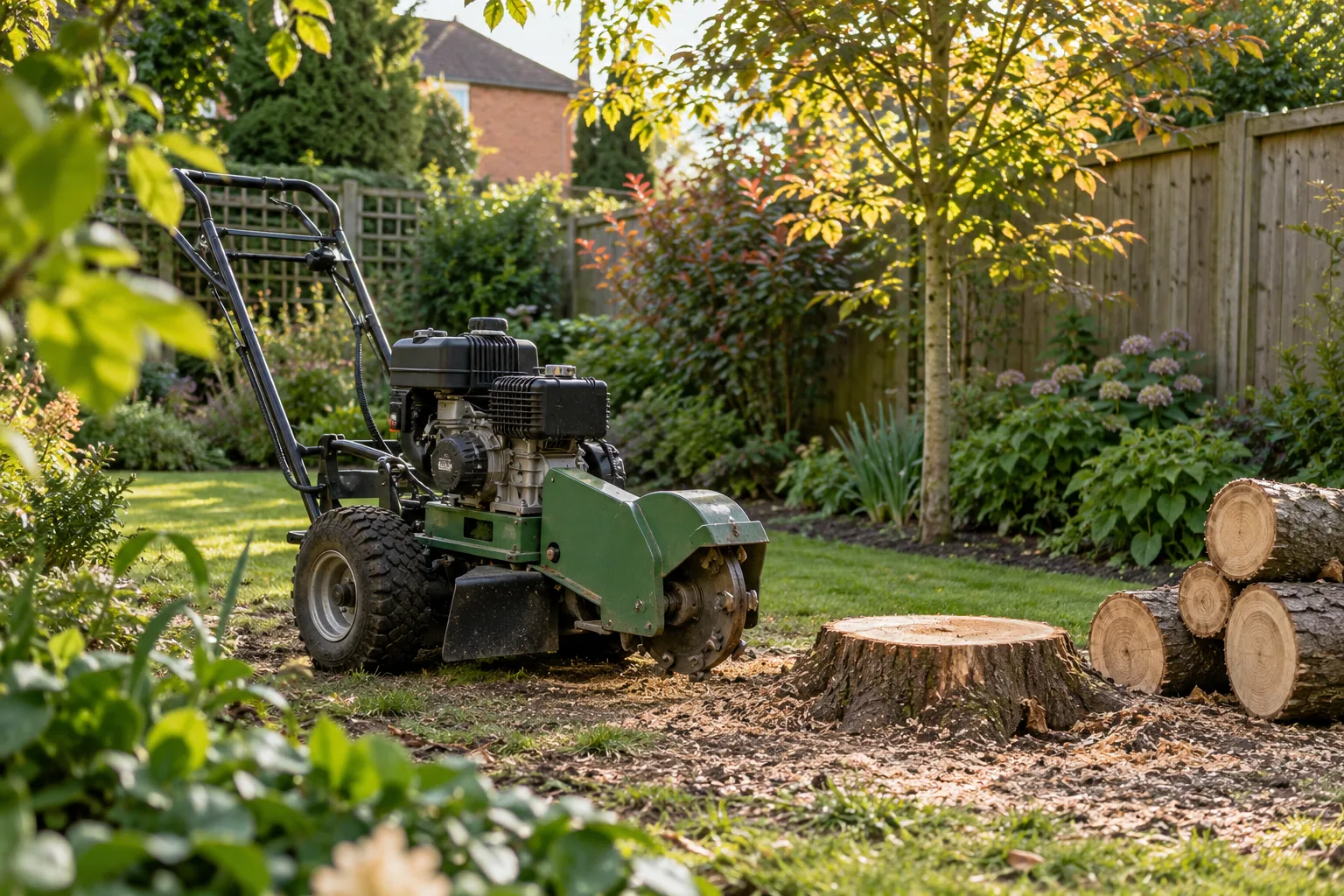 Stationary stump grinder beside a garden stump